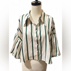 Striped Green and White Ruffled Sleeve Button Down Blouse Women's Size Large